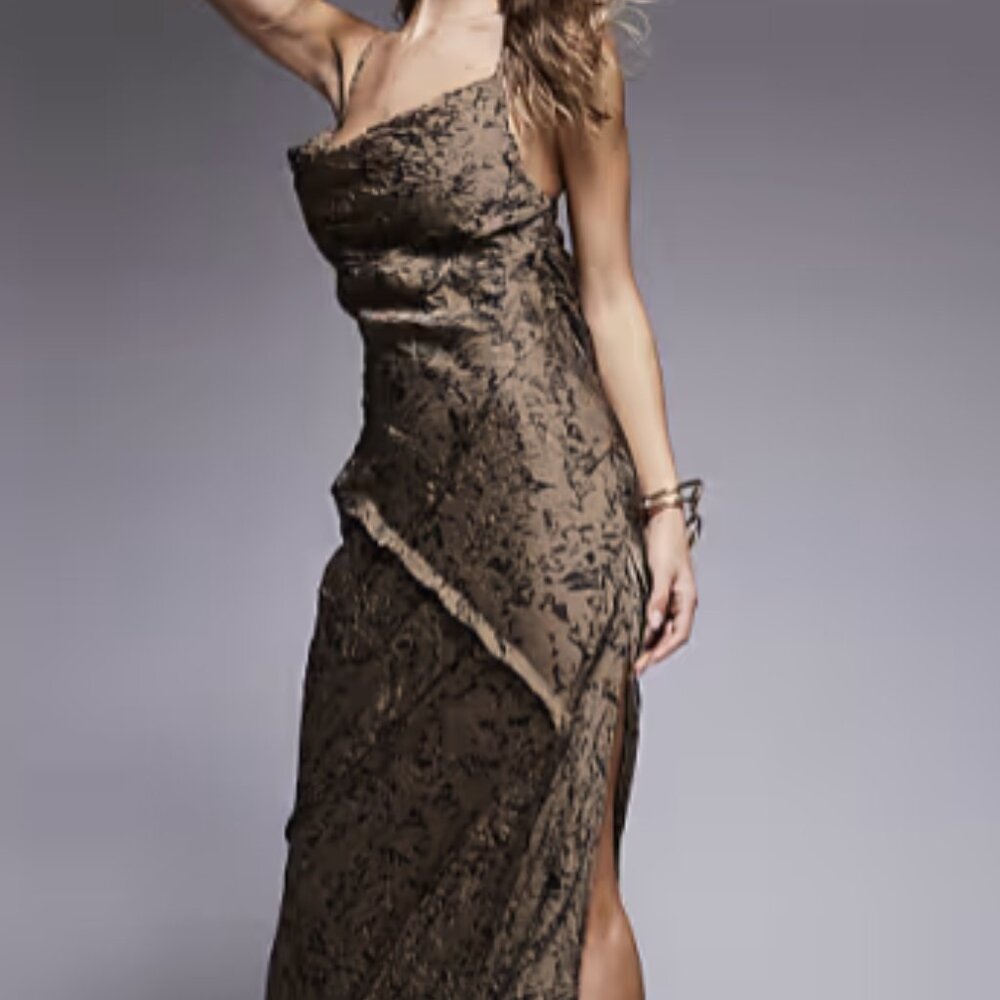 ASOS DESIGN Crinkled Satin Cowl Bias Maxi Dress in Brown Abstract Print